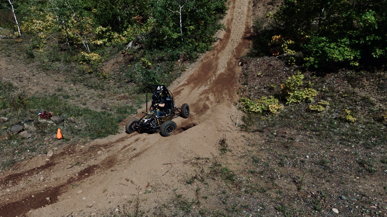 Blizzard Baja vehicle airborne during testing near Toivola, Michigan