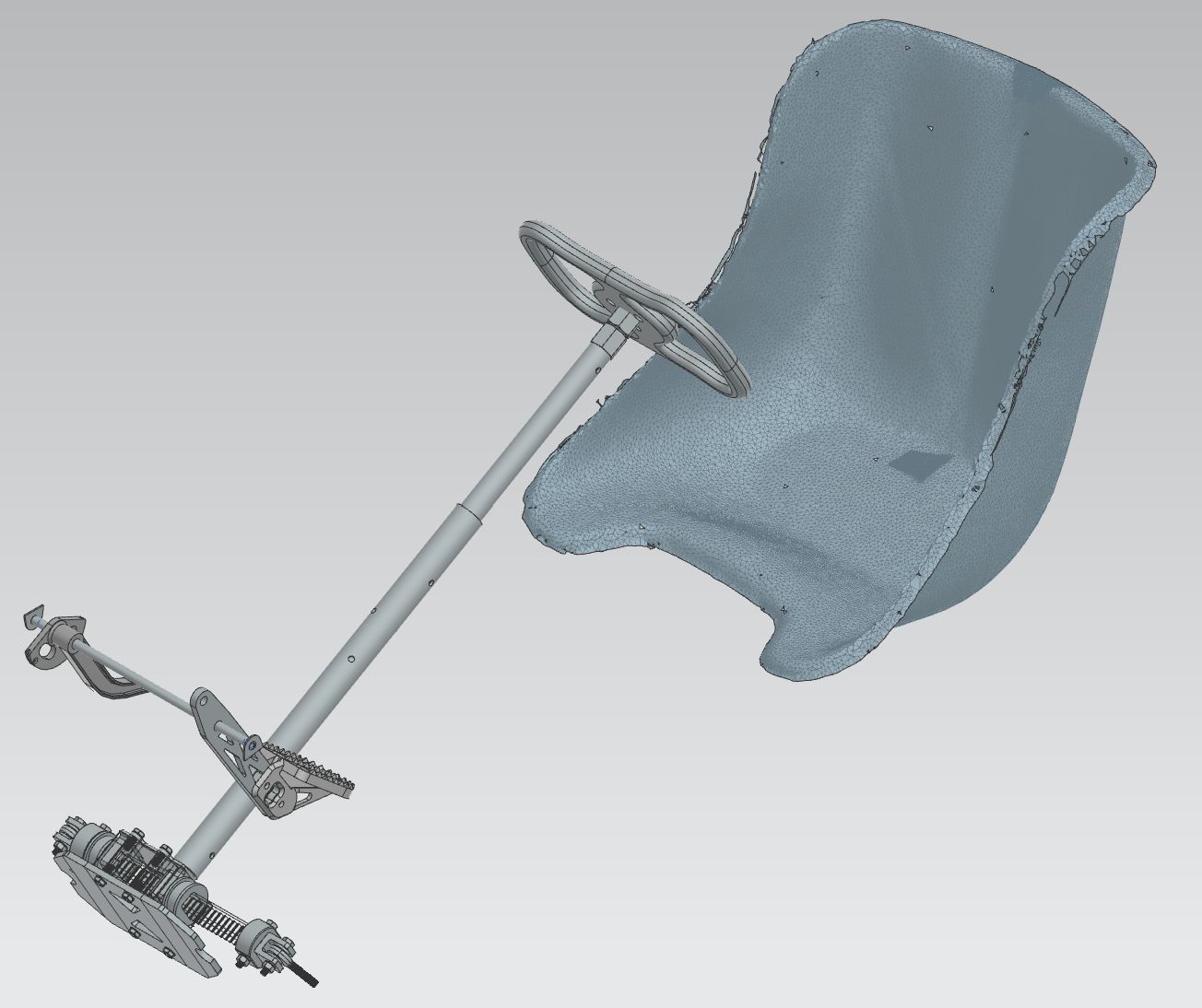 Isometric CAD view of the Baja SAE seat, steering, and pedal system